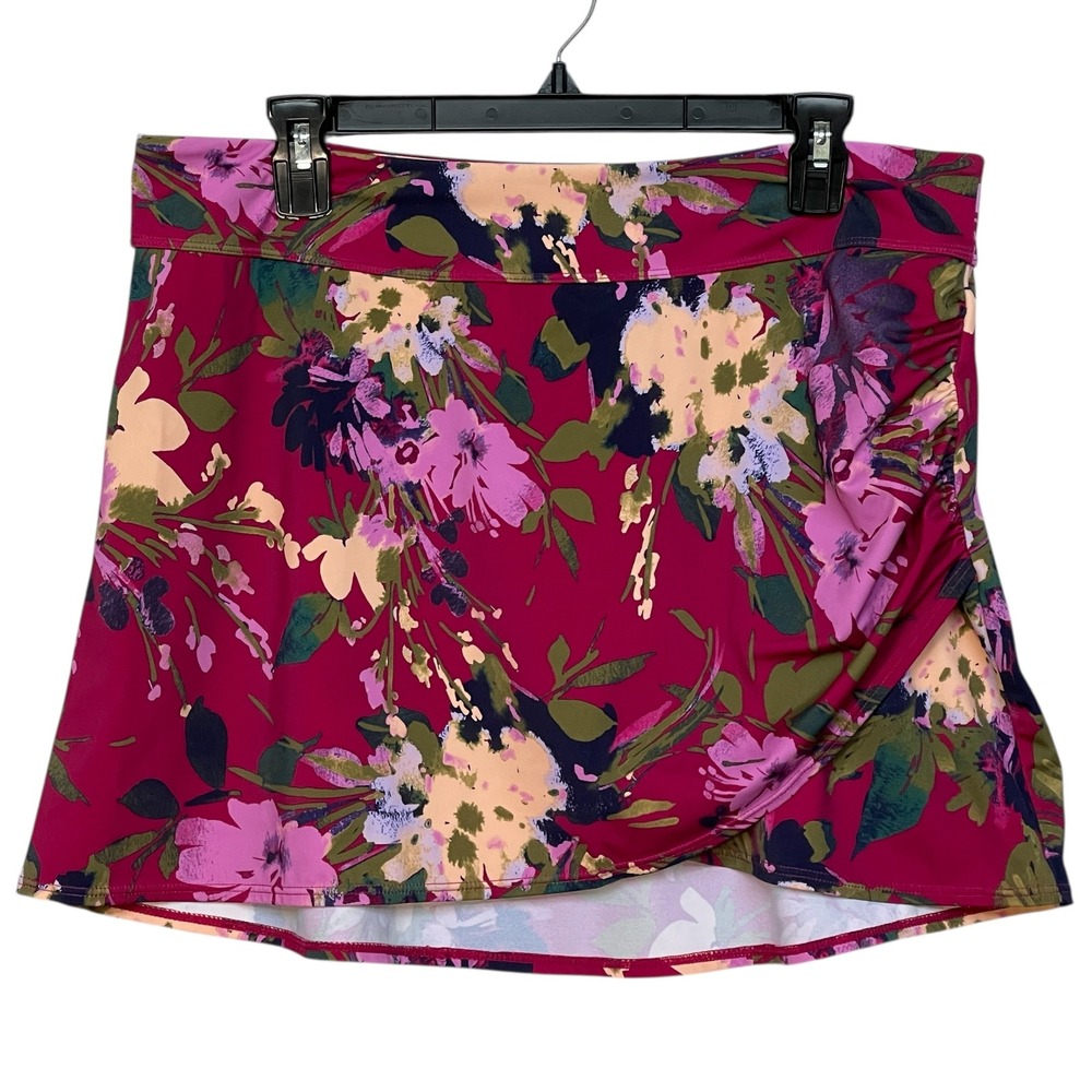 Denim & Co Beach Floral Swim Skirt Magenta Pink Faux Wrap Skirt US 14 A473626